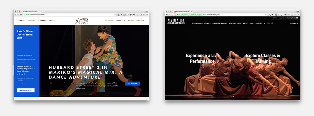 Dance websites for Alvin Ailey American Dance Theater and Jacob's Pillow Dance.