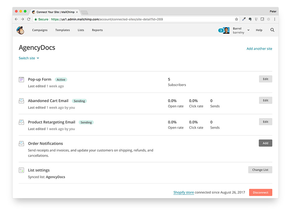 AgencyDocs MailChimp and Shopify