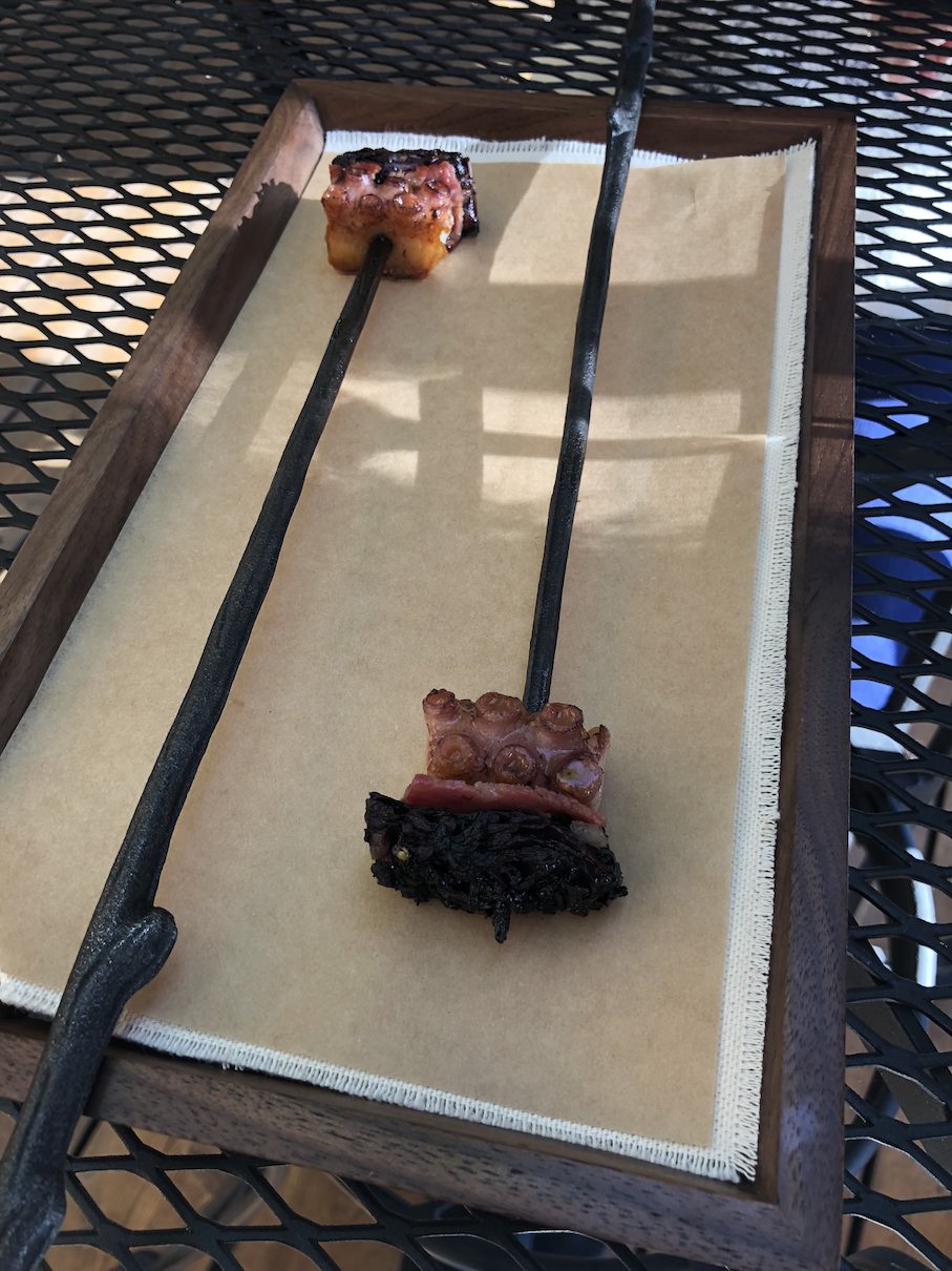 Octopus and morel skewers at The Willows Inn