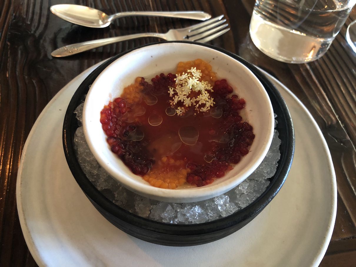 A ceviche-type dish with island berries at The Willows Inn