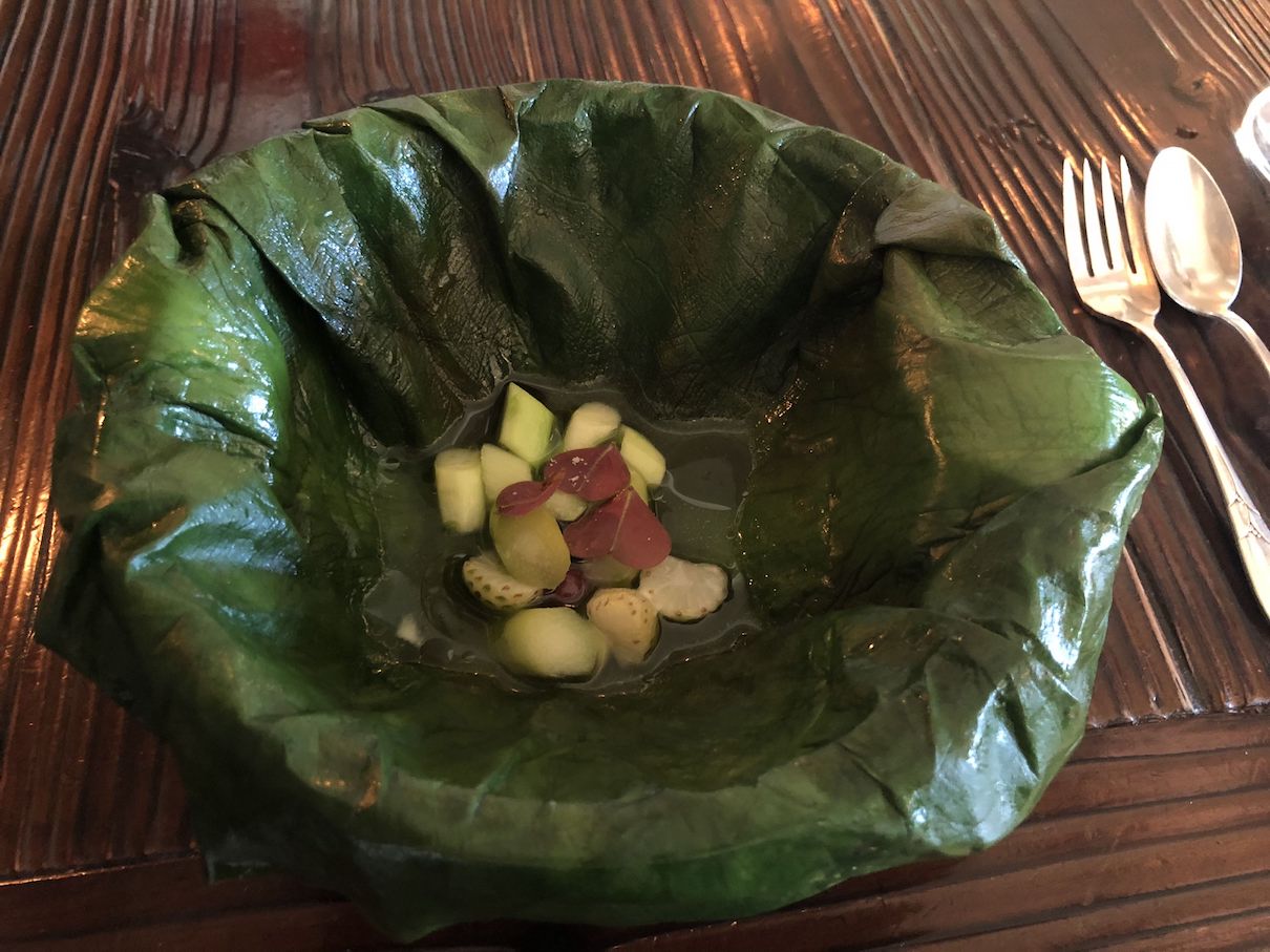 Asparagus cooked in skunk cabbage at The Willows Inn