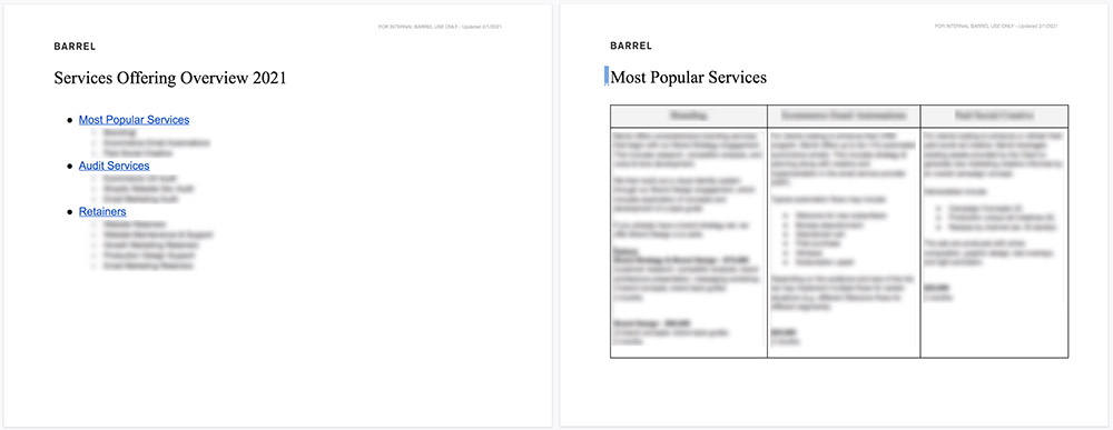 Not going to give away all our secret juice, but here's a couple pages from our Services Offering Overview doc. One is the table of contents and the other shows 3 services outlined with a few details and pricing. Nothing complex and easily digestible for the entire team.