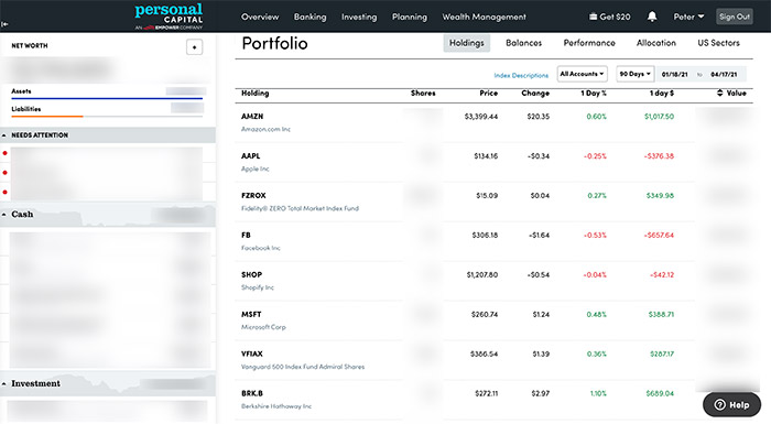 Personal Capital stock holdings view