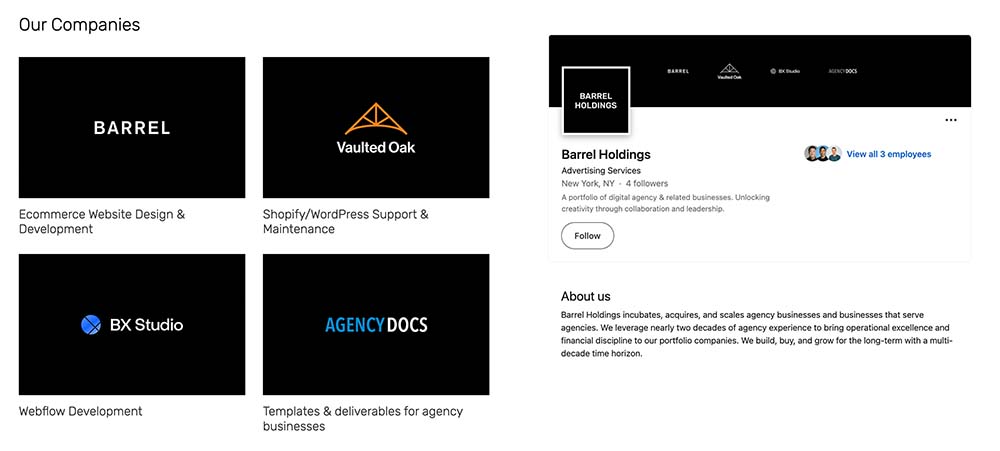 Barrel Holdings portfolio and LinkedIn Page screenshot